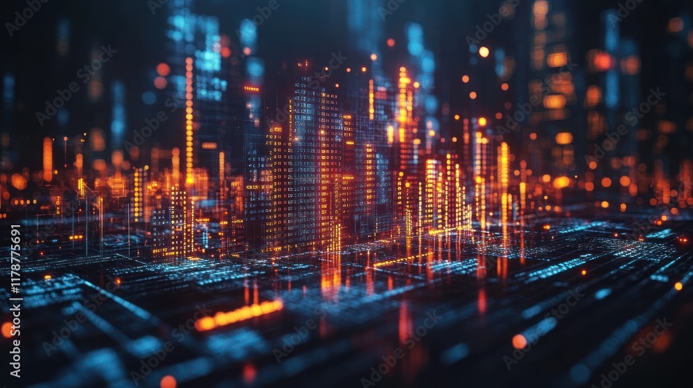 Fototapeta premium A futuristic digital cityscape with glowing structures and data streams.