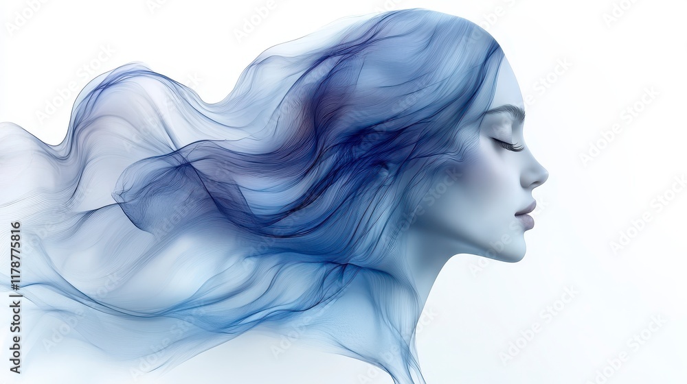 Serene woman profile with flowing, ethereal blue hair. Serene woman profile with flowing, ethereal blue hair.
