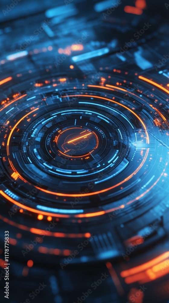 Fototapeta premium A blue and orange circle with a red dot in the center. The circle is surrounded by a blue and orange pattern
