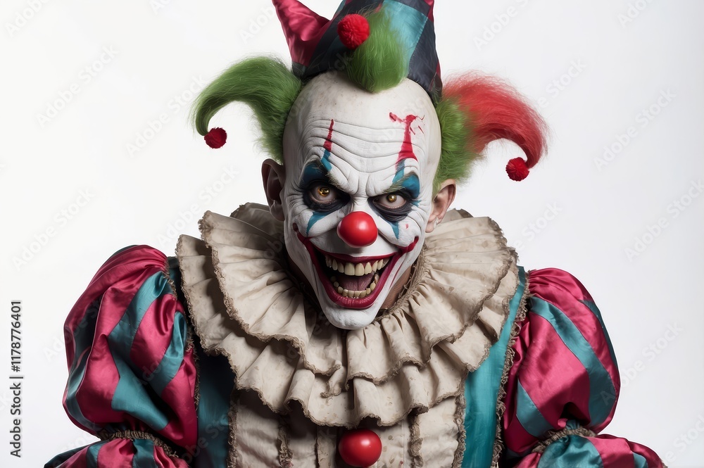 Close-up of a terrifying clown with vibrant makeup, a mischievous grin, and a colorful costume. Close-up of a terrifying clown with vibrant makeup, a mischievous grin, and a colorful costume.