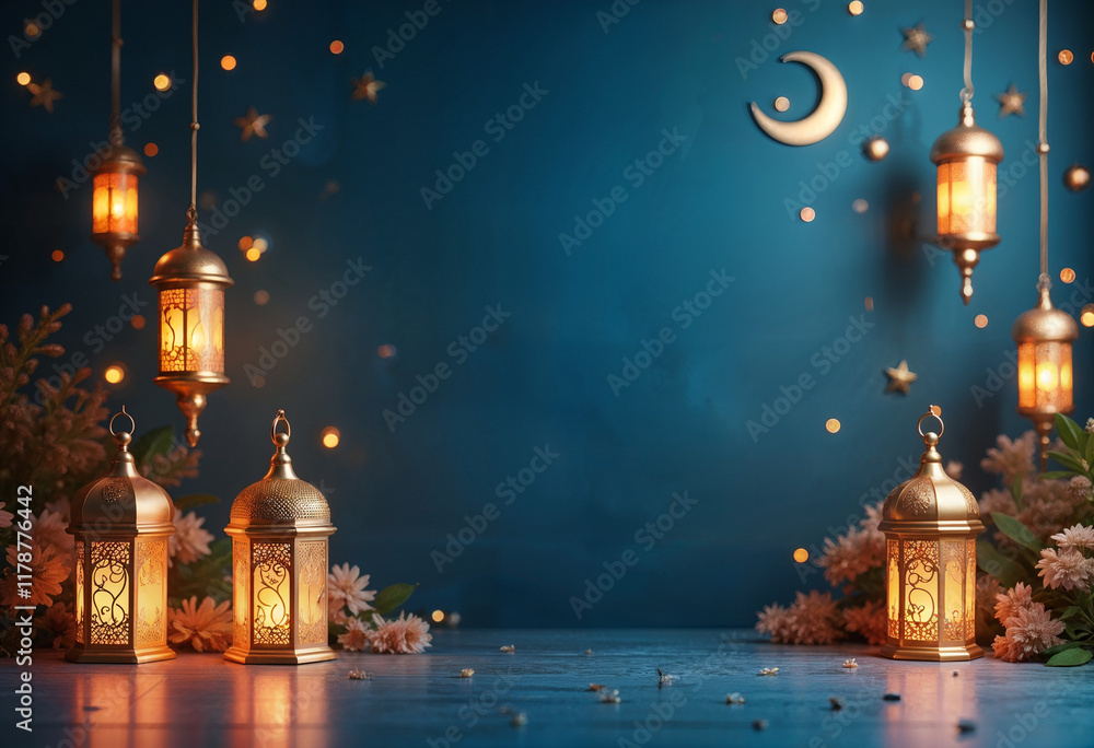 Elegant Islamic Lanterns Under a Night Sky Background for Eid al Adha, Ramadan Kareem, Eid al Fitr, Islamic New Year, Generative AI Elegant Islamic Lanterns Under a Night Sky Background for Eid al Adha, Ramadan Kareem, Eid al Fitr, Islamic New Year, Generative AI