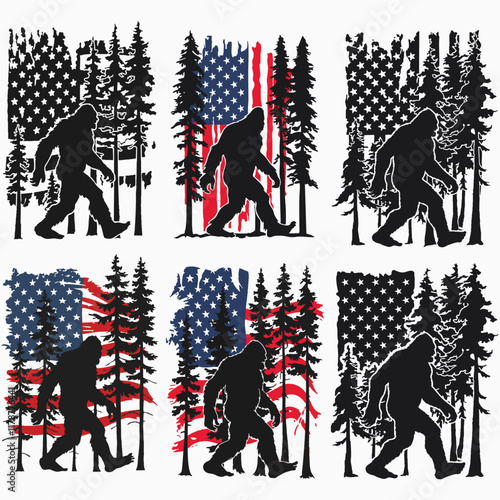 Bigfoot SVG, Distressed American Flag svg, Forest Tree svg, Nature svg, Patriotic svg, Yeti Sasquatch for Shirt, Cricut Silhouette Cut File