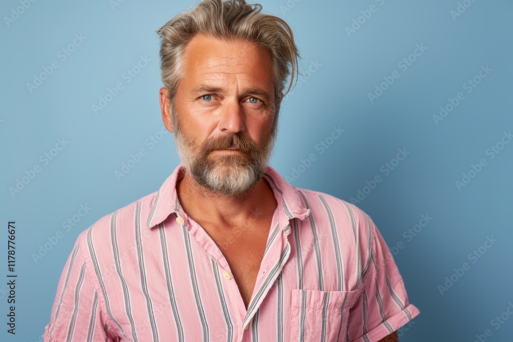 Fototapeta premium A man with a beard and a pink shirt is standing in front of a blue wall