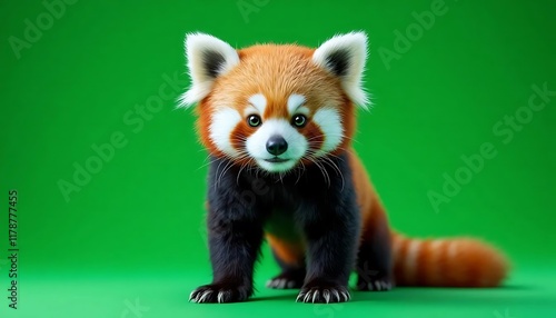 Adorable Red Panda Cub: Vibrant Fur, Green Background, Playful Portrait photo