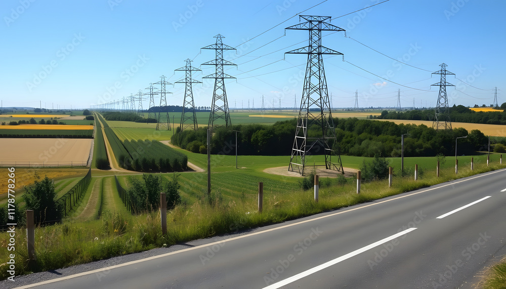 Panoramic view of a row of electricity pylons next to a road in the french countryside with dozens of other pylons in the distance under a clear blue sky, mindfulness theme, with white tones Panoramic view of a row of electricity pylons next to a road in the french countryside with dozens of other pylons in the distance under a clear blue sky, mindfulness theme, with white tones