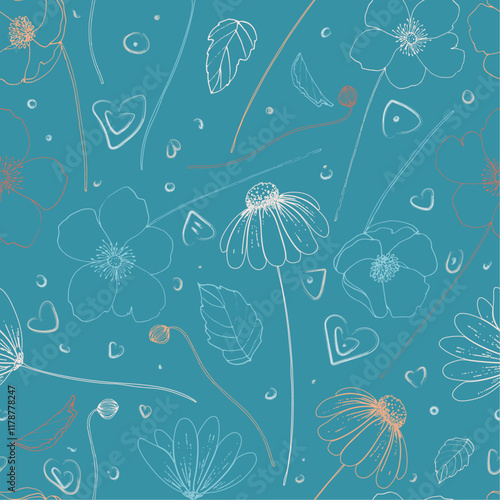 Vector seamless pattern of contours of flowers and leaves on a turquoise background.