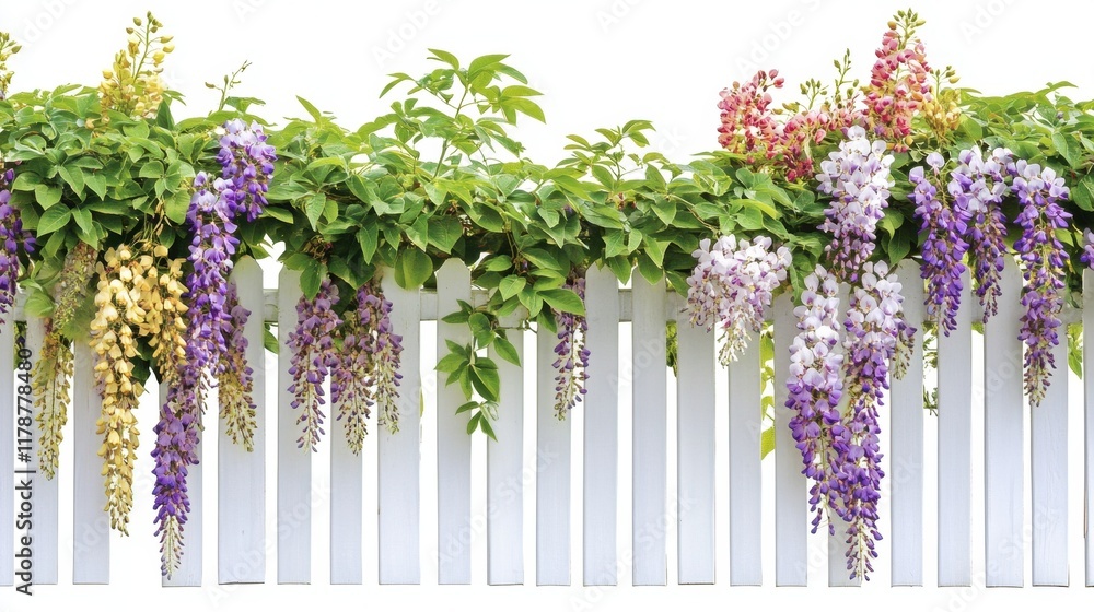Obraz premium A charming white picket fence adorned with colorful wisteria vines cascading over the top, displayed on a solid white background. 