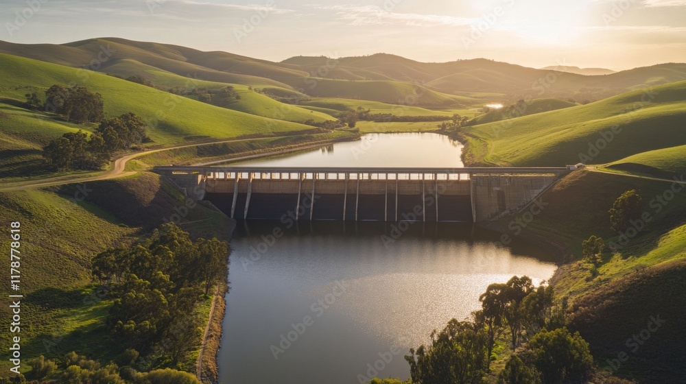 Obraz premium A panoramic view of a large water reservoir dam surrounded by lush green hills, with sunlight reflecting on the calm surface of the water
