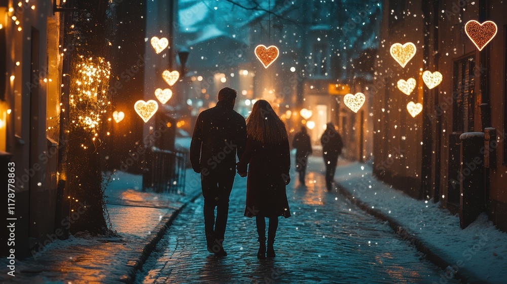 A couple walks hand in hand through a charming, snow-covered street illuminated by heart-shaped lights. The atmosphere is magical, perfect for celebrating love on Valentine’s Day A couple walks hand in hand through a charming, snow-covered street illuminated by heart-shaped lights. The atmosphere is magical, perfect for celebrating love on Valentine’s Day
