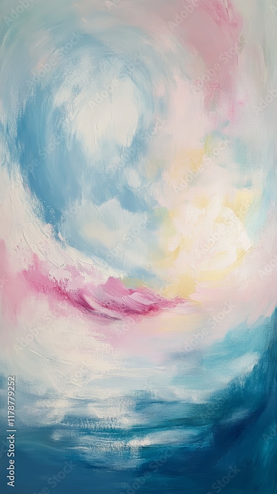Fototapeta premium Abstract painting featuring a pastel sky and ocean with soft brush strokes in blue, pink, and yellow tones, creating a dreamy atmosphere.