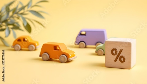 A playful scene of wooden toy cars and a percentage sign on yellow, emphasizing insurance discounts for family-oriented products photo