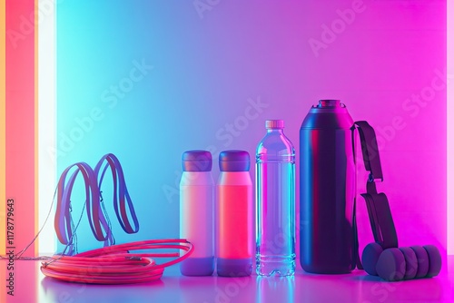 creative studio setup showcasing sports accessories including water bottles and resistance bands with vibrant lighting photo