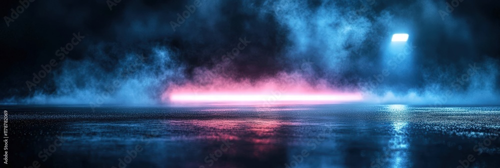 Fototapeta premium Wet Asphalt Reflection at Night with Neon Lights and Fog Creating a Mysterious Urban Atmosphere