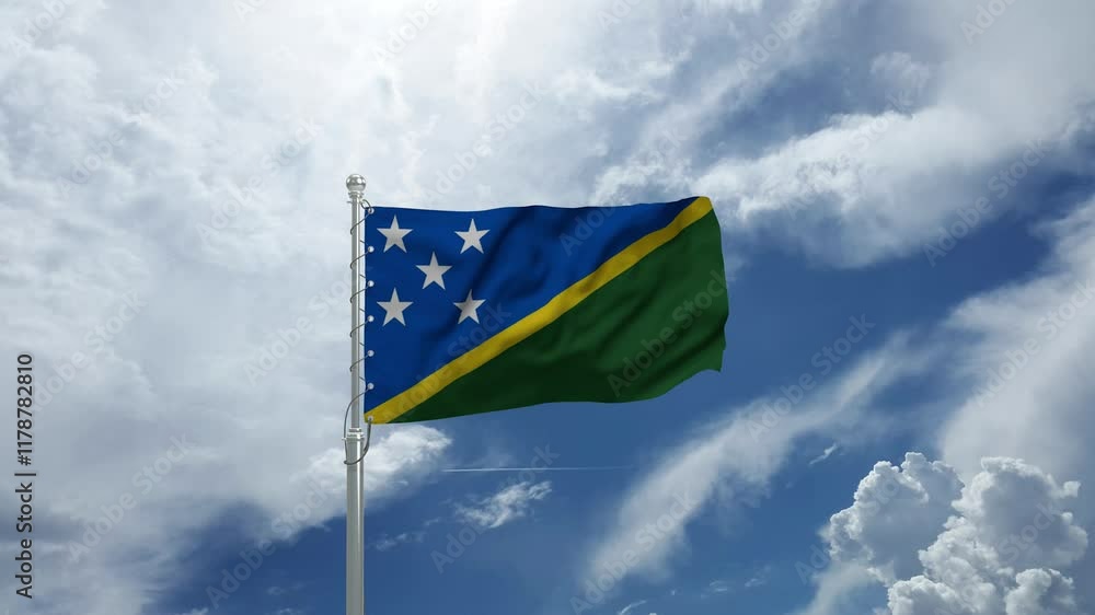Solomon Islands Flag Waving Majestically on a Flagpole Against a Clear Blue Sky in Gentle Wind Solomon Islands Flag Waving Majestically on a Flagpole Against a Clear Blue Sky in Gentle Wind