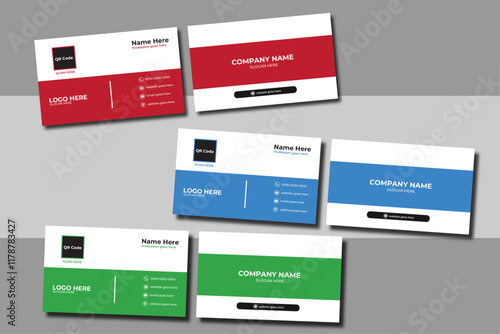 Modern and simple business card design with maroon, blue and dark green color.