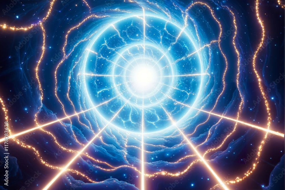 Radiant Energy Portal with Glowing Blue Rings and Light Beams in a Cosmic Scene Radiant Energy Portal with Glowing Blue Rings and Light Beams in a Cosmic Scene