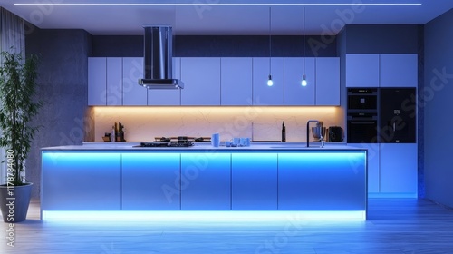 Modern kitchen with sleek design and ambient lighting for cooking and entertaining.
