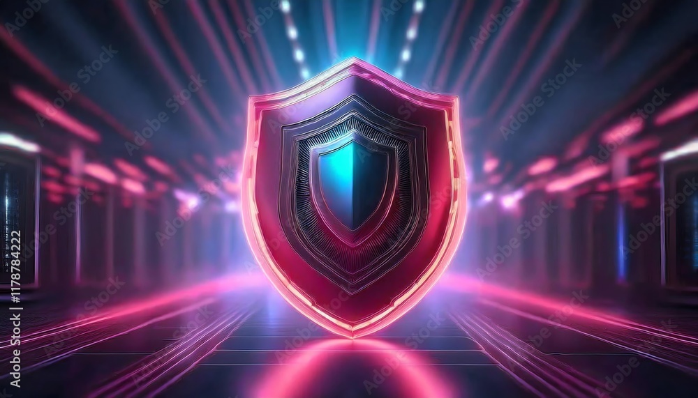 Fototapeta premium A vibrant digital shield surrounded by neon lights, symbolizing protection and security in a futuristic environment.