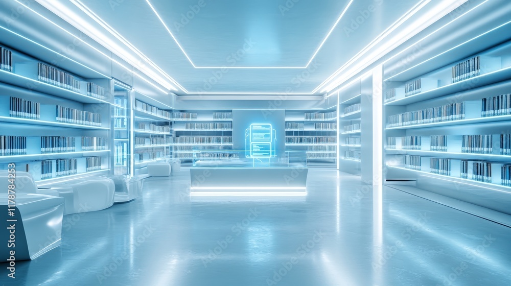 A futuristic library with sleek design and glowing shelves. A futuristic library with sleek design and glowing shelves.