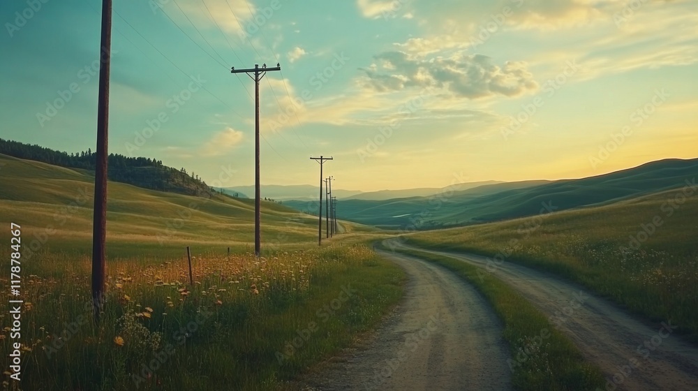 Obraz premium A serene rural scene featuring electricity poles lined along a winding country road, with fields of green grass and wildflowers creating a picturesque backdrop