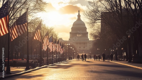 Presidential Inauguration Day. A row of American flags in front of the U.S. Capitol building photo