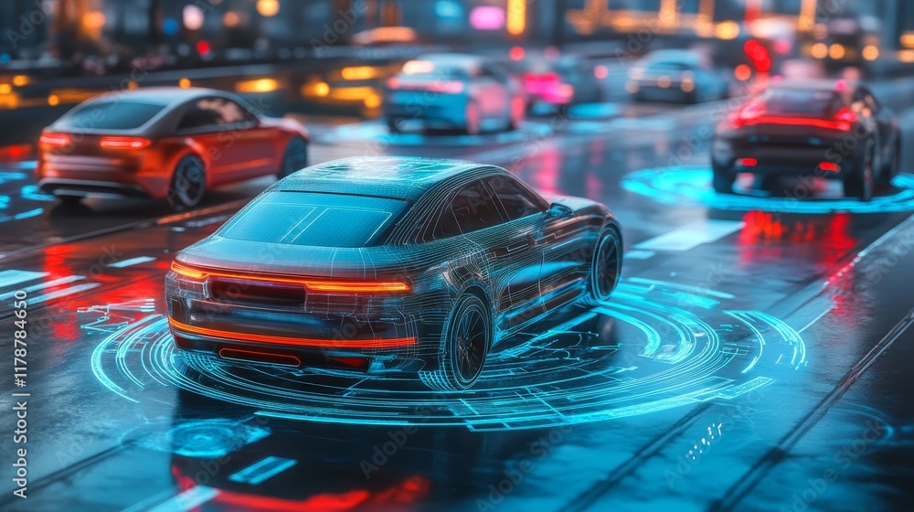 Futuristic cars navigating a digital cityscape with holographic elements. Futuristic cars navigating a digital cityscape with holographic elements.