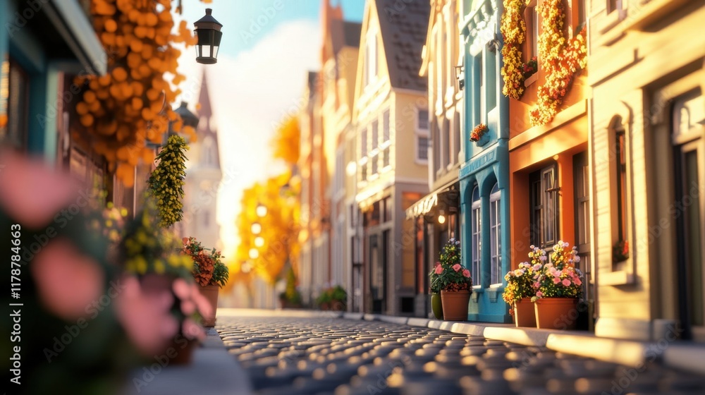 Fototapeta premium Charming Cobblestone Street with Colorful Houses and Flower Pots