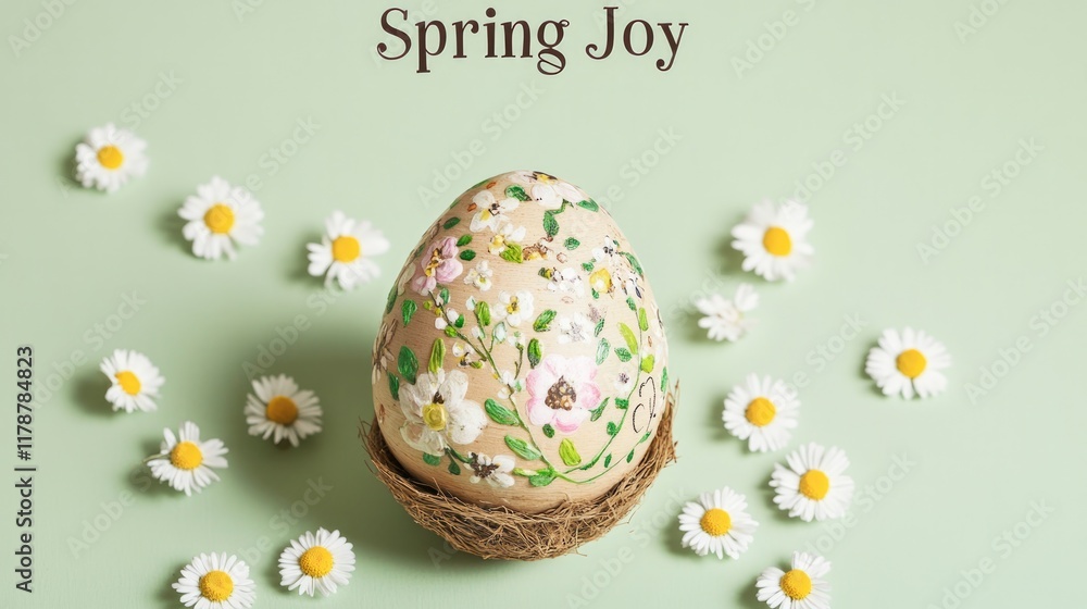 natural egg decorated with floral patterns placed on pastel green surface with scattered daisies natural egg decorated with floral patterns placed on pastel green surface with scattered daisies
