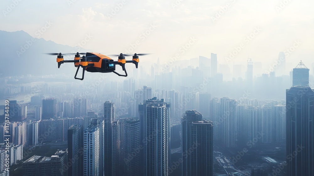 A drone flies over a city skyline, capturing aerial views amidst a hazy atmosphere. A drone flies over a city skyline, capturing aerial views amidst a hazy atmosphere.