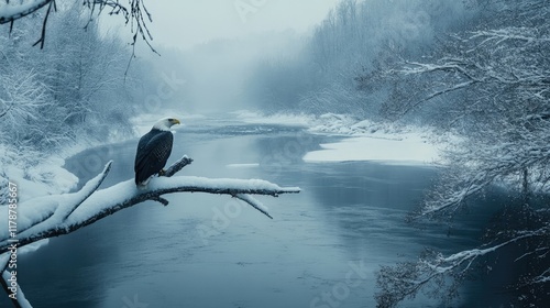 A bald eagle perched on a snow-covered branch, overlooking a partially frozen river teeming with salmon. photo