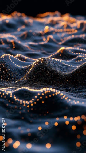 An artistic representation of a network of data points featuring a soft glowing effect over undulating surfaces, creating a captivating visual.