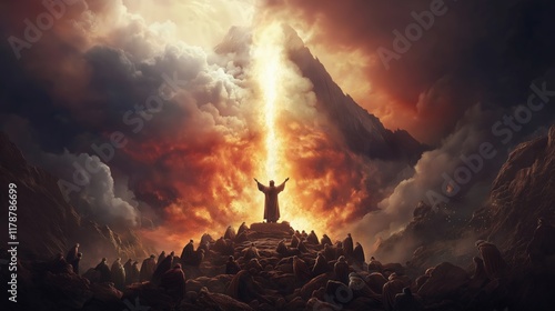 prophet Elijah standing atop Mount Carmel with his arms raised in fervent prayer. The sky above is dark and stormy, but a huge column of fire descends from the heavens photo