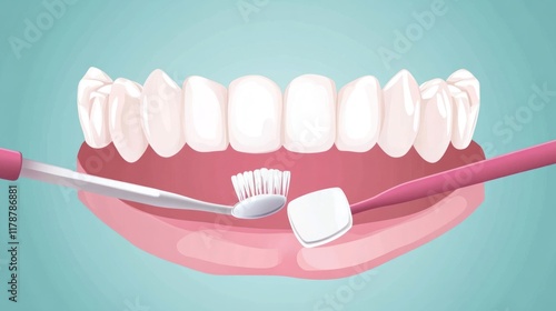 Dental care illustration showing tooth brushing and fluoride application. photo