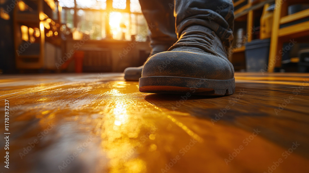 Obraz premium A carpenter sanding a wooden surface in a well-lit studio filled with natural light