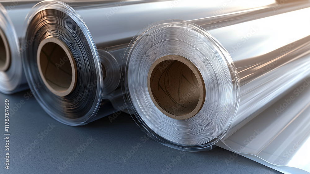 custom made wallpaper toronto digitalRolls of transparent plastic film with a glossy surface, neatly arranged in a well-lit environment.