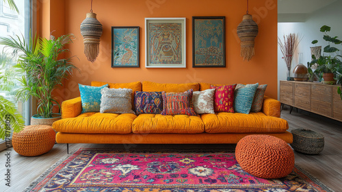 A colorful living room with bold wall art, vibrant throw pillows, and a mix of patterns on the rug photo