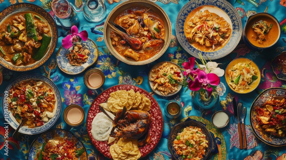 A stunning overhead view of a traditional Thai feast, featuring dishes like massaman curry, pad see ew, and larb, all beautifully presented on a vibrant tablecloth A stunning overhead view of a traditional Thai feast, featuring dishes like massaman curry, pad see ew, and larb, all beautifully presented on a vibrant tablecloth