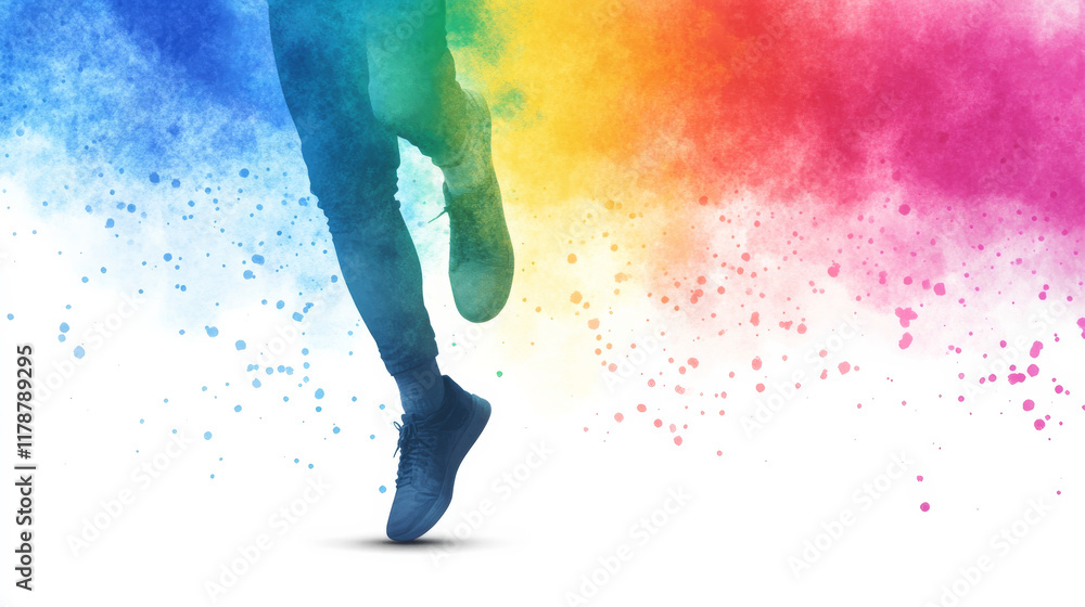 Obraz premium Dynamic depiction of a runner's legs outlined by colorful splashes, representing energy, movement, and creativity. Ideal for themes involving sports, art, and vibrant designs.