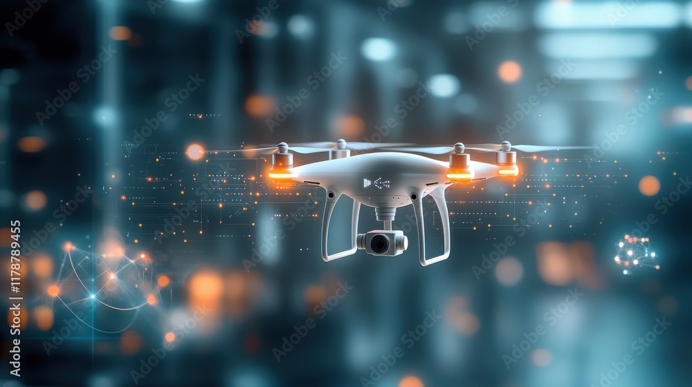 Ai-powered drone capturing glowing data streams in a high-tech urban environment futuristic technology showcase dynamic aerial view Ai-powered drone capturing glowing data streams in a high-tech urban environment futuristic technology showcase dynamic aerial view