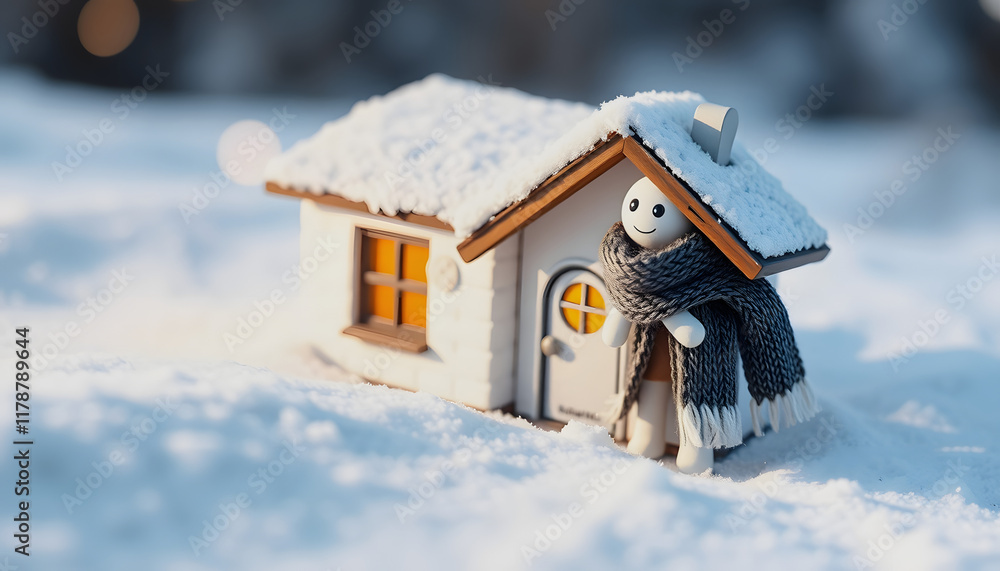 Fototapeta premium Small Figure of house with knitted scarf on white, symbol for heating system or cold snowy winter. Heating season, warm up, home heating, money and energy saving concept, vector style