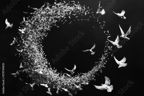 Group of white birds flying in a circular formation. The birds are scattered throughout the circle