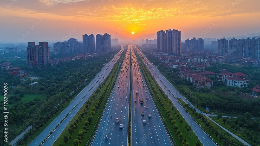 Fototapeta premium Aerial view of a highway at sunset with buildings lining the sides.