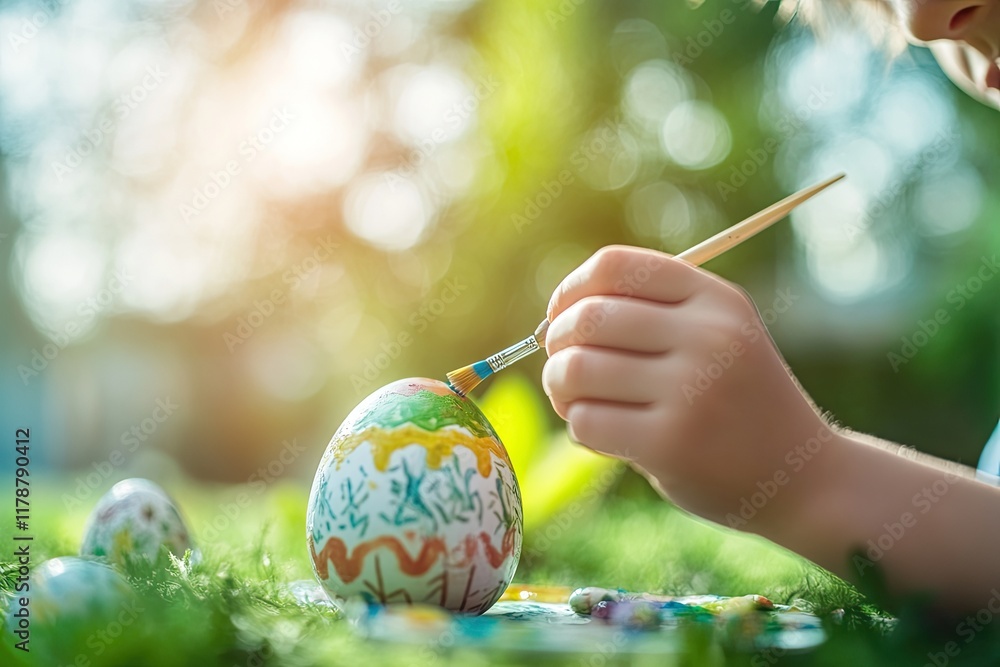 Fototapeta premium close-up of boy painting egg with careful precision in backyard