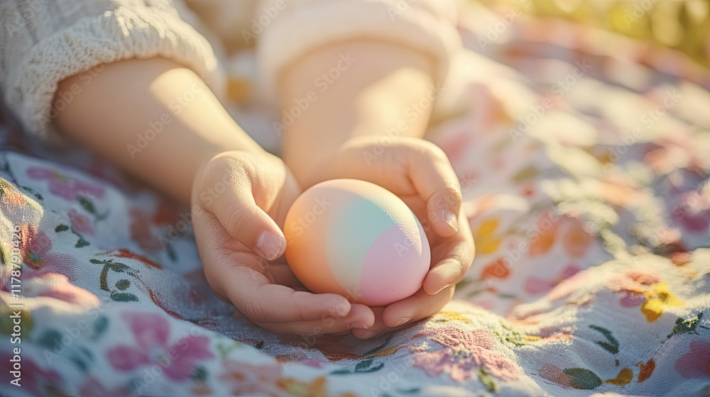 Naklejka premium close-up of child hands holding pastel egg while seated on picnic blanket