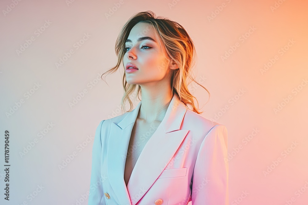 portrait of confident woman in pastel blazer standing against softly lit gradient background portrait of confident woman in pastel blazer standing against softly lit gradient background