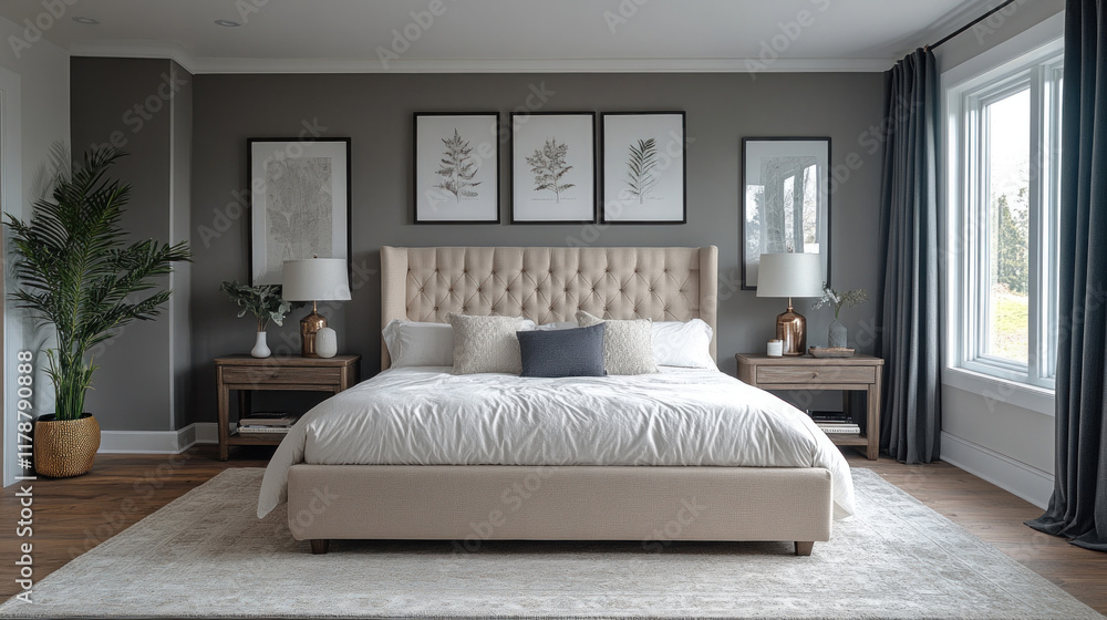 Fototapeta premium A sleek modern bedroom with a tufted bed, minimalist decor, and a soft gray color palette