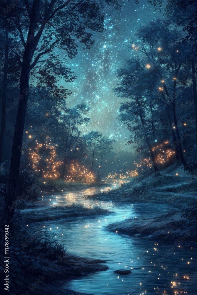 Fototapeta premium A magical night scene of a forest illuminated by fireflies, with a starry sky reflecting in a tranquil stream.
