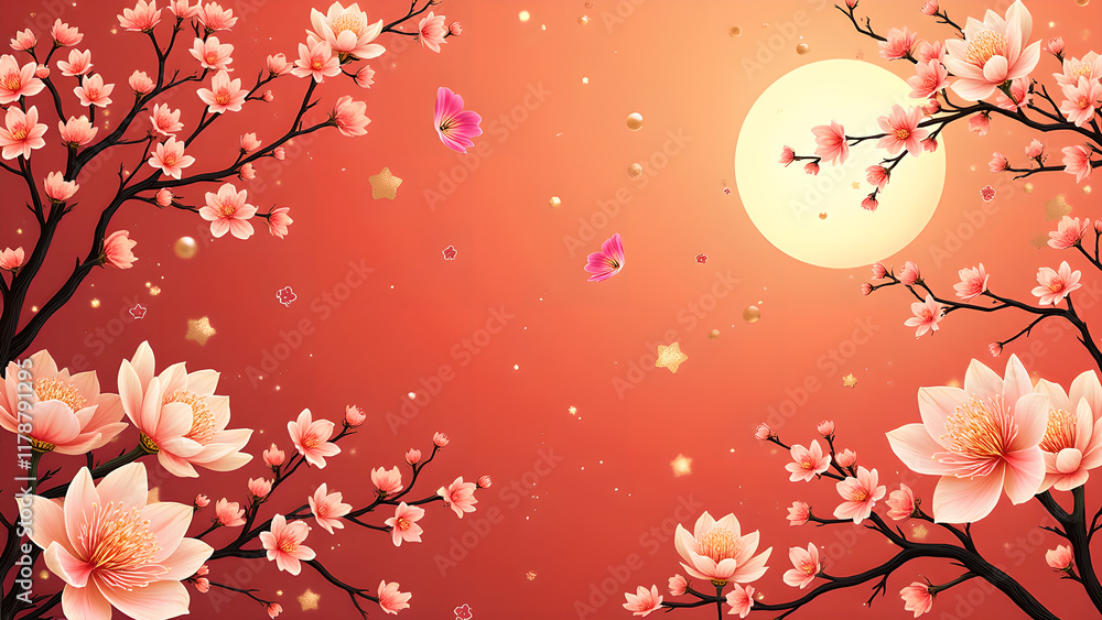 Fototapeta premium Sakura Blossom Night Scene, Floral Background with Full Moon