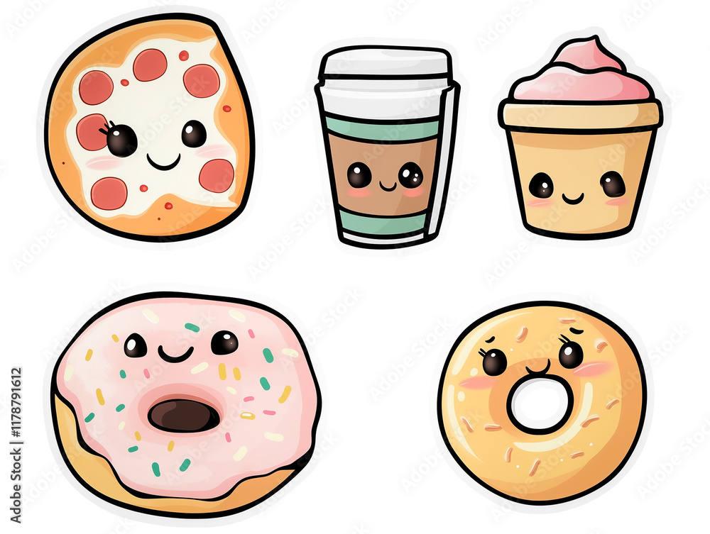 A set of kawaii-style stickers featuring cute food items like pizza, donuts, and coffee, each with cheerful expressions. A set of kawaii-style stickers featuring cute food items like pizza, donuts, and coffee, each with cheerful expressions.