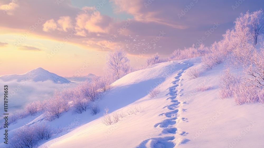 A beautiful winter scene of a snow-covered hill with a trail of footprints leading up to a breathtaking vista. A beautiful winter scene of a snow-covered hill with a trail of footprints leading up to a breathtaking vista.